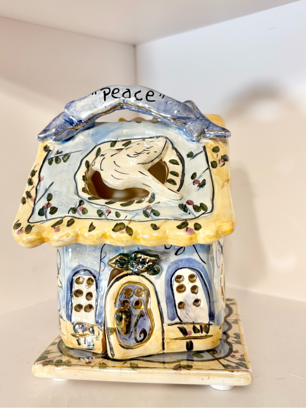 Blue Sky Clayworks Hand-Painted by Heather Goldminc Ceramic House TealightHolder